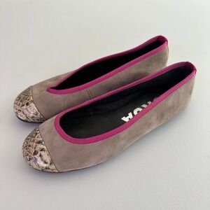 Kokua Barcelona Taupe Suede Ballet Flats Pink Trim Snake Cap Toe Shoes Size 38